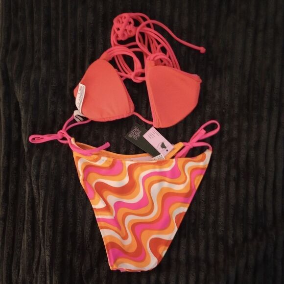 🆕👙Two Piece Bikini Set Orange/Multi Bottom and Pink Top, XS - Picture 5 of 8